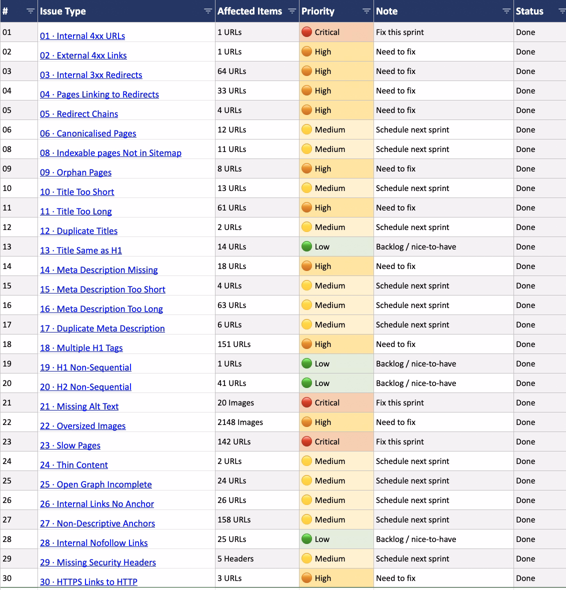 Audit spreadsheet listing all 30 issues with affected URL counts, priority levels, and status columns