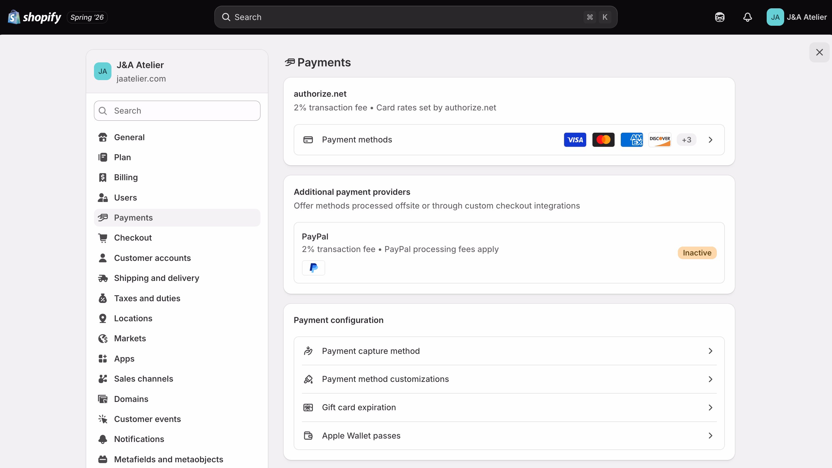 Authorize.Net payment gateway configured and active in Shopify payment settings