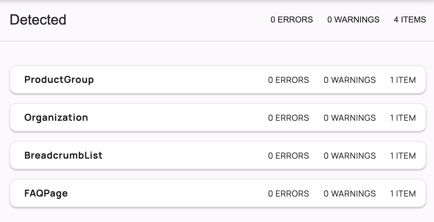 Google Rich Results Test showing valid schema across the collection and product pages