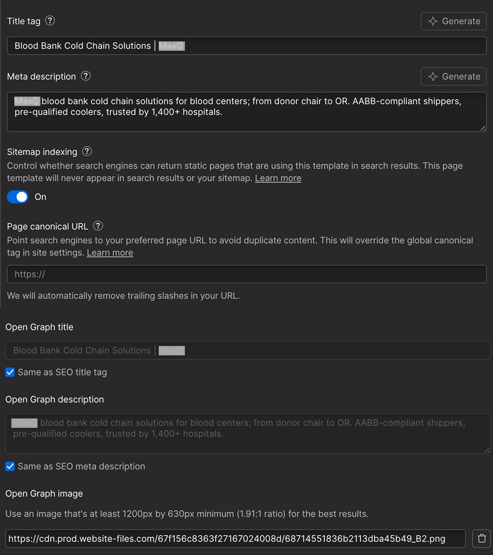 Webflow page settings panel showing the title tag, meta description, canonical URL, and Open Graph fields populated for a PackMaxQ page